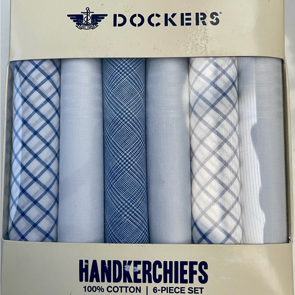 Dockers 6-Piece Handkerchief Set 100% Cotton Blue & White Plaid / Solid New